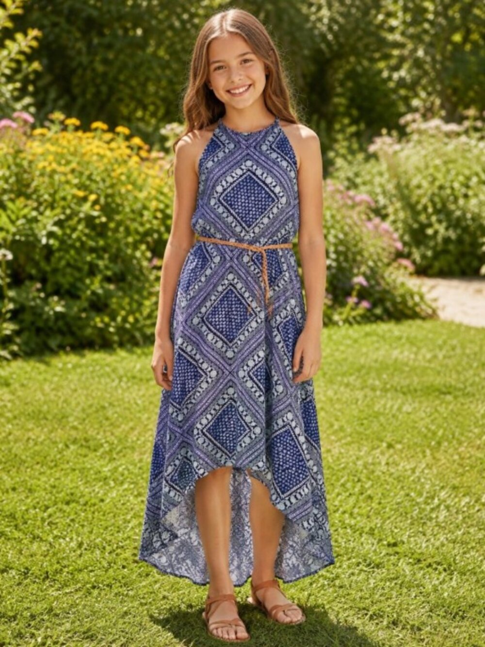 Girls Blue Floral High-Low Halter Maxi Dress with Belt